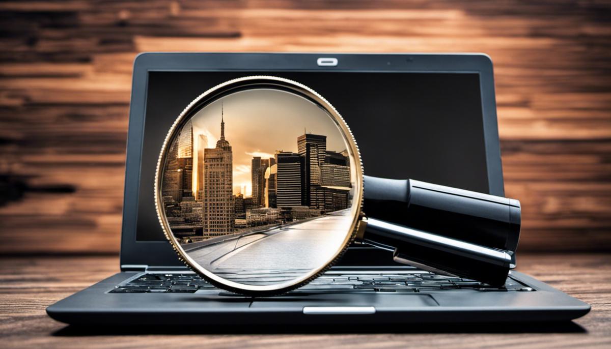 A laptop with a magnifying glass. Concept image for citation building in local SEO.