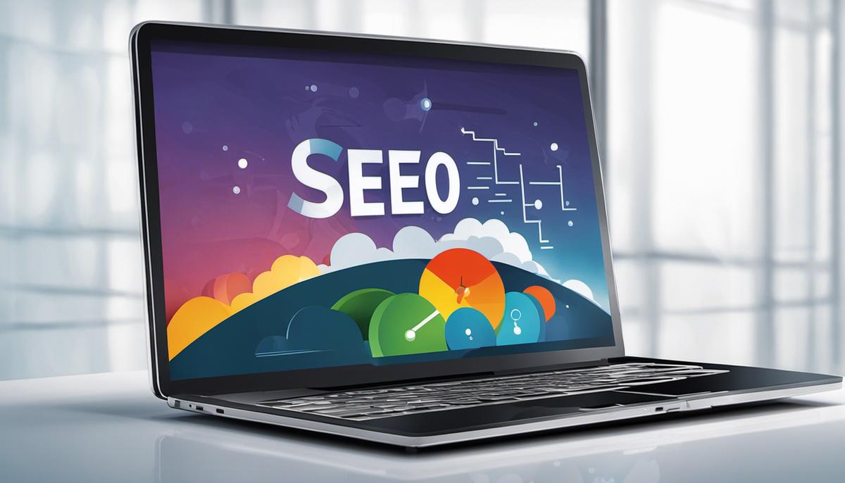 Illustration of a laptop with SEO written on the screen, representing search engine optimization