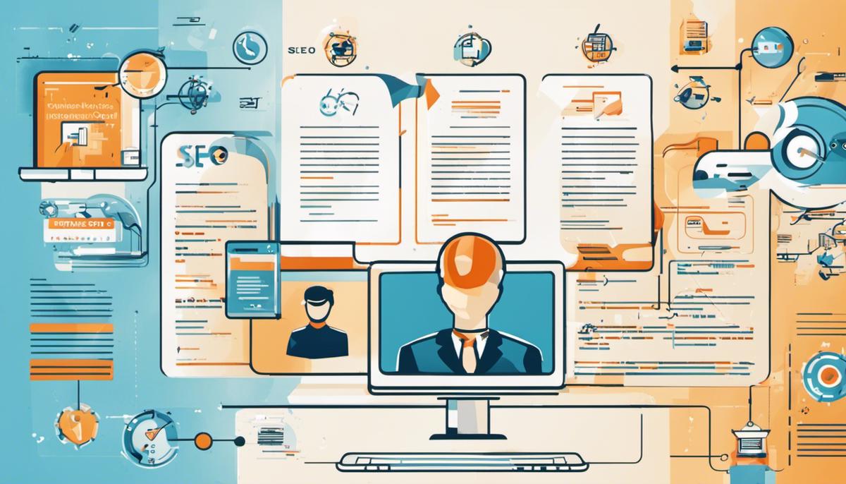 Illustration showing various technical aspects of on-page SEO, such as site speed, mobile-friendliness, security, sitemaps, schema markup, and user experience.